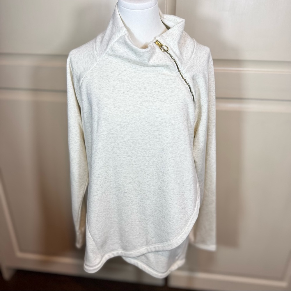 NWT Cozy Athleta Cream Gray sweater hoodie pullover GOLD zipper w/ thumb holes